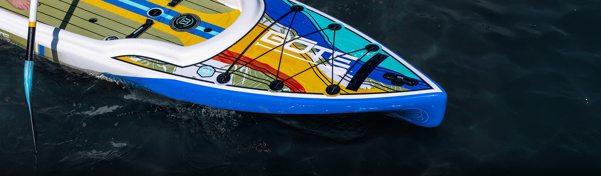 Zoomed in view of the Native Fusion paddle board on the water