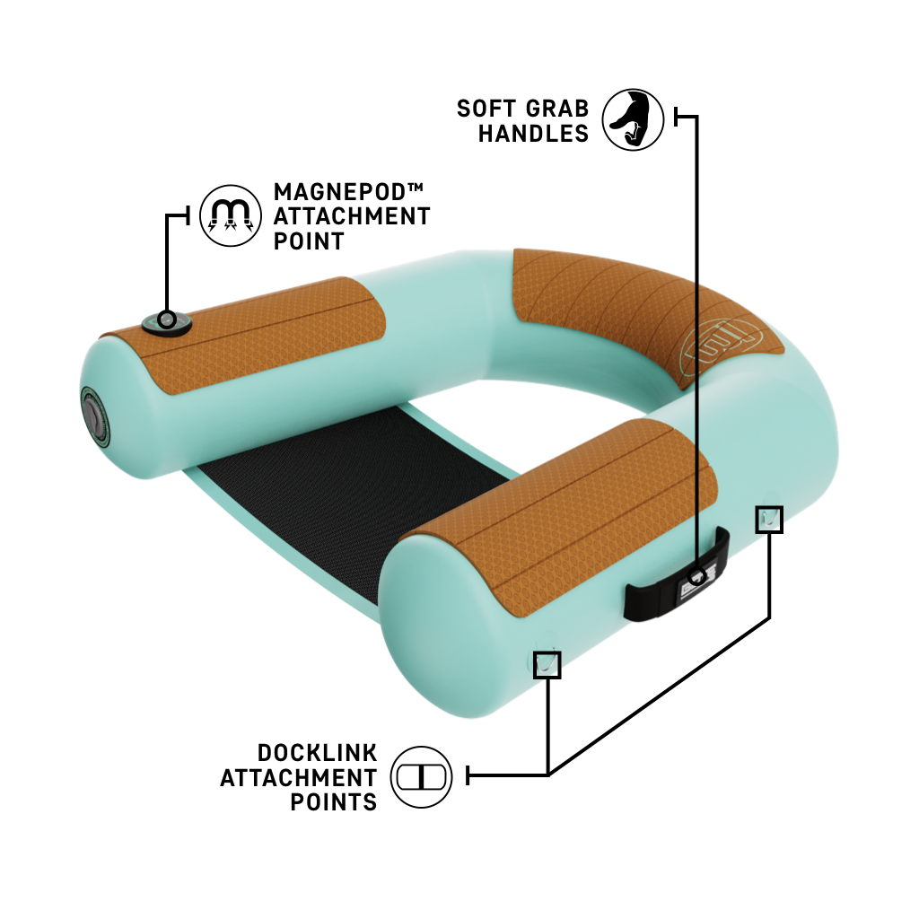 Inflatable Hangout Sling Chair Classic in mint and tan with black mesh seat, angled front view.