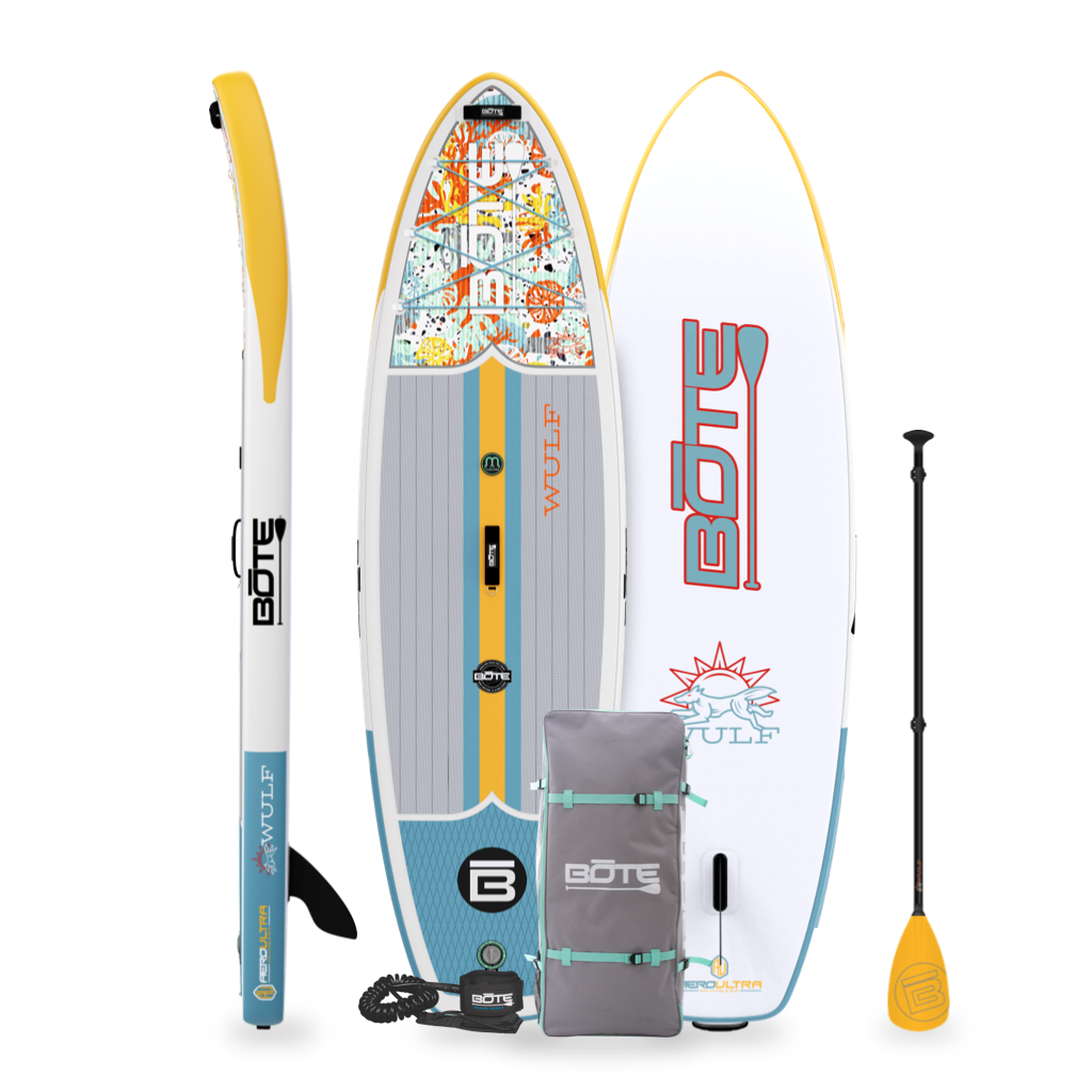 Top, side, and bottom view of the WULF Aero 10'4" Native Coral Inflatable Paddle Board with travel bag, paddle, and leash