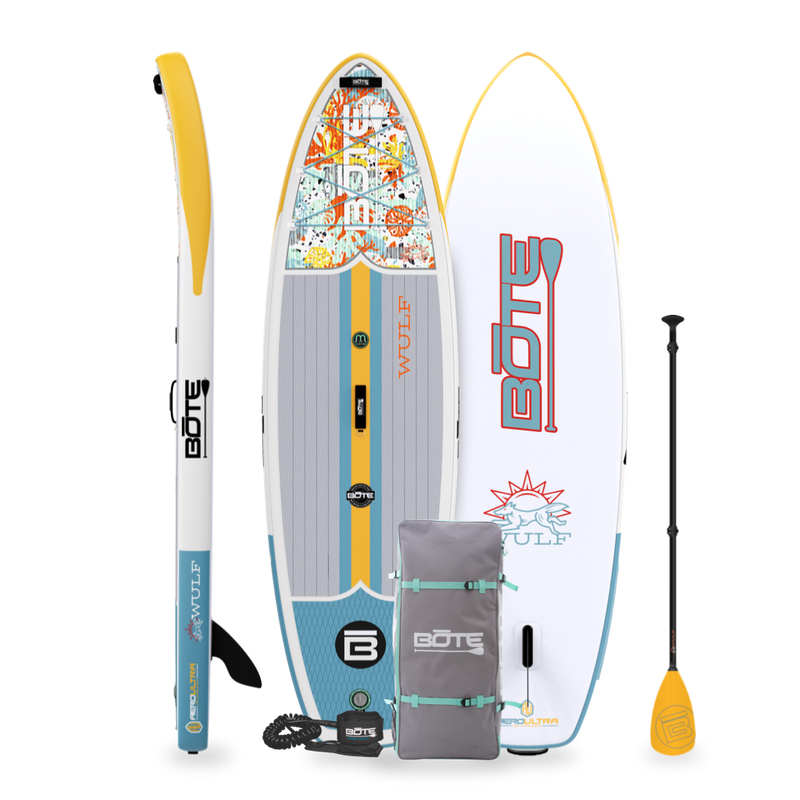 Top, side, and bottom view of the WULF Aero 10'4" Native Coral Inflatable Paddle Board with travel bag, paddle, and leash