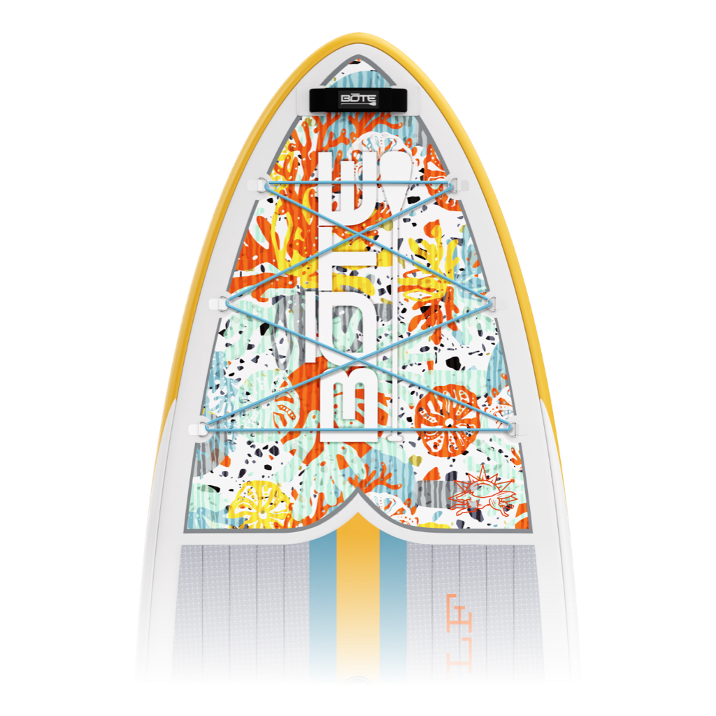 Zoomed in view of the WULF Aero 10'4" Native Coral Inflatable Paddle Board nose area