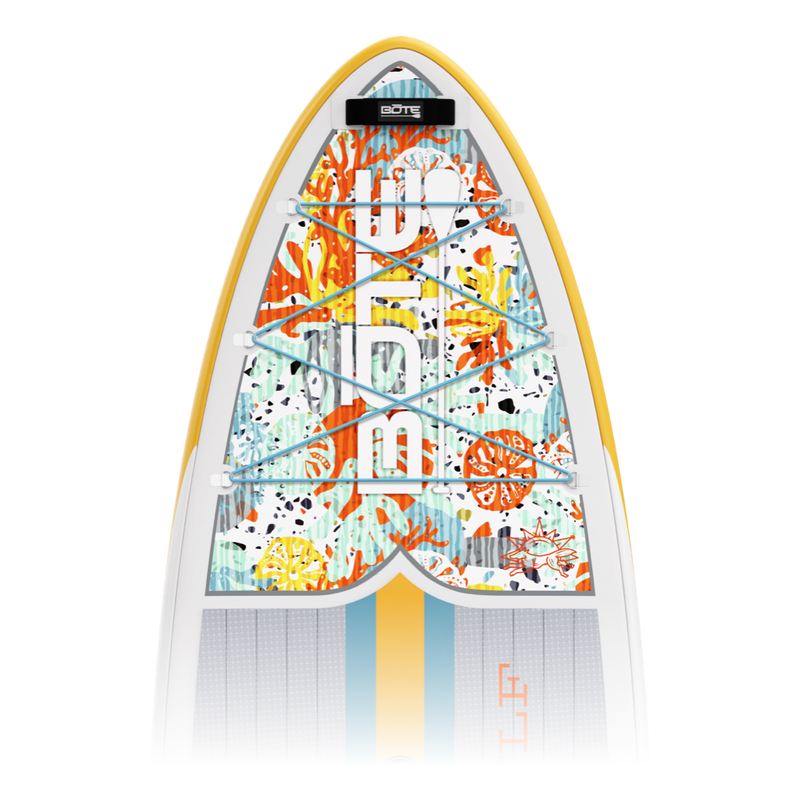 Zoomed in view of the WULF Aero 10'4" Native Coral Inflatable Paddle Board nose area