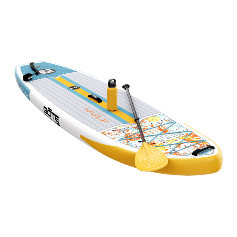 Front angled view of the WULF Aero 10'4" Native Coral Inflatable Paddle Board with bottle and paddle