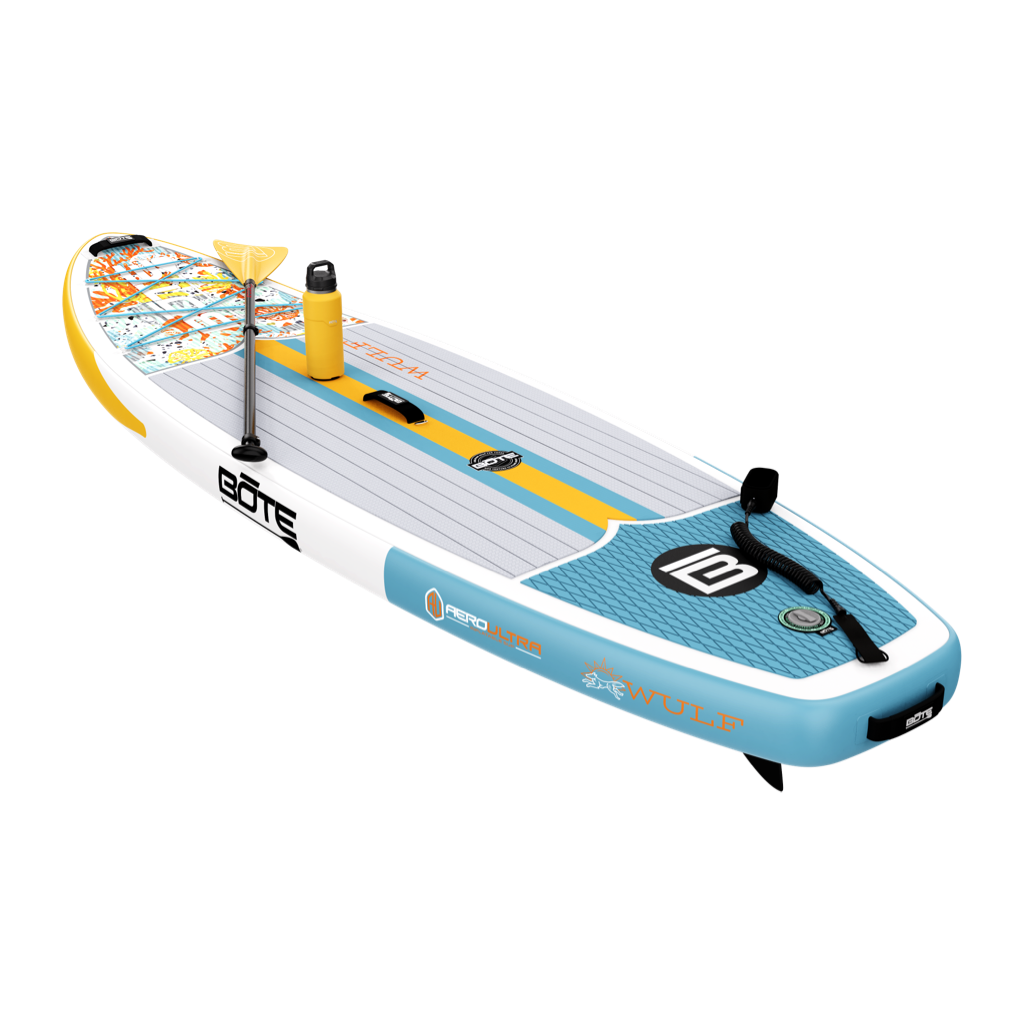 Rear angled view of the WULF Aero 10'4" Native Coral Inflatable Paddle Board with bottle and paddle