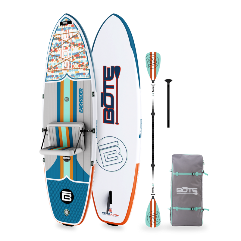 Angled view of EasyRider Aero 10'4" board with striped seat, bag, and paddle.