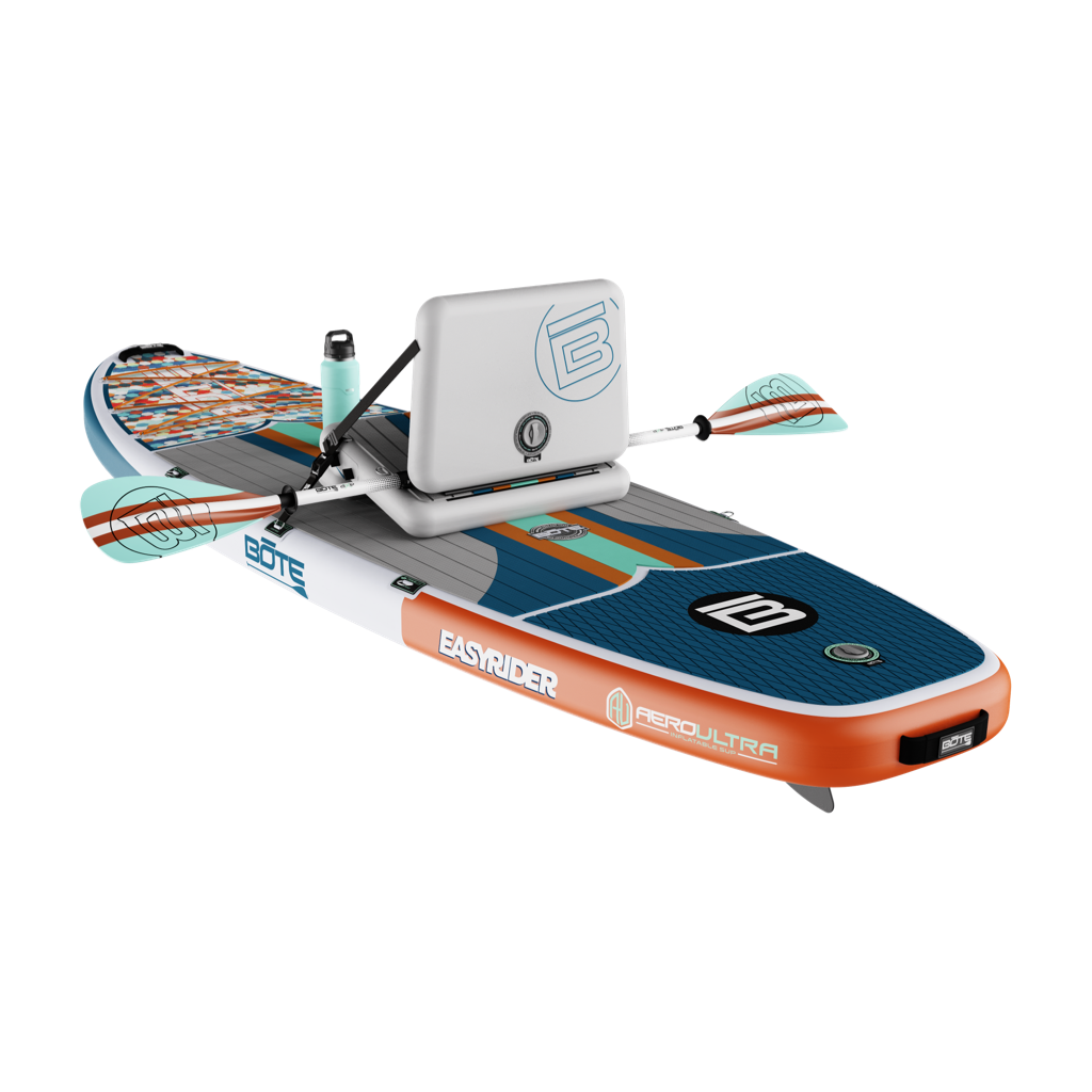 Rear angled view of EasyRider Aero 10'4" in row mode with striped seat and bottle on deck.