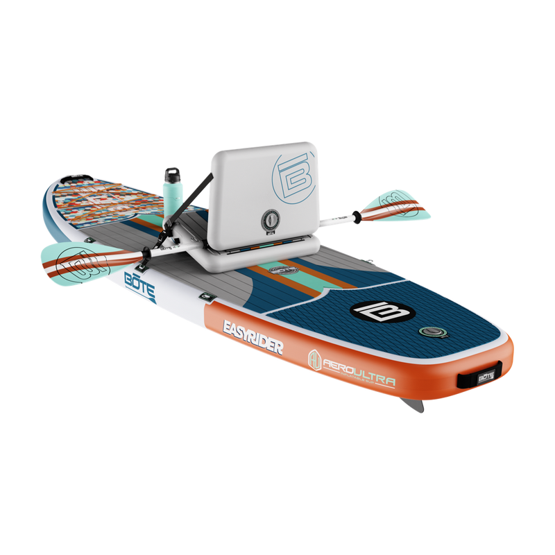 Rear angled view of EasyRider Aero 10'4" in row mode with striped seat and bottle on deck.