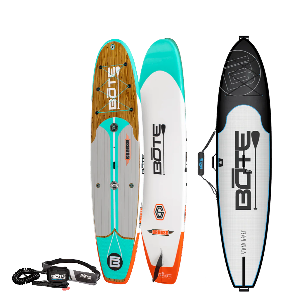 Top and bottom angled view of the Breeze 10′6″ Classic Cypress Paddle Board Essentials Package