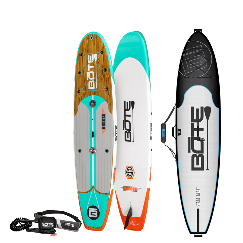 Top and bottom angled view of the Breeze 10′6″ Classic Cypress Paddle Board Essentials Package