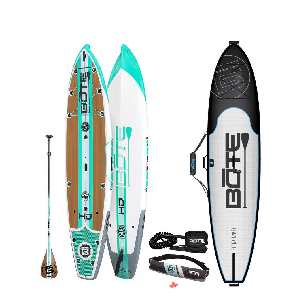 Top and bottom angled view of the HD 10′6″ Full Trax Seafoam Paddle Board Package