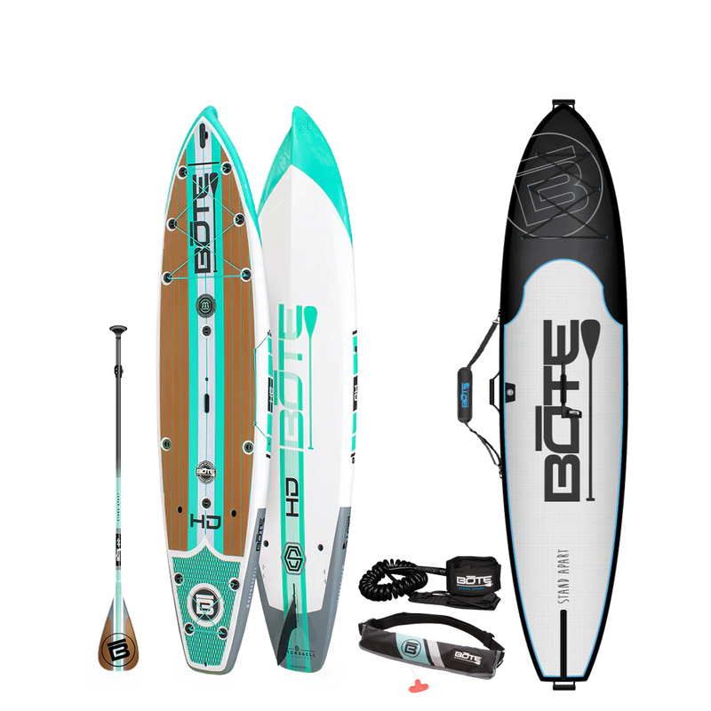 Top and bottom angled view of the HD 10′6″ Full Trax Seafoam Paddle Board Package