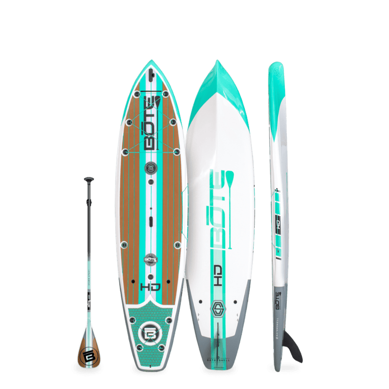 Top, side, and bottom view of the HD 10′6″ Full Trax Seafoam Paddle Board
