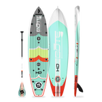 Angled product view showing top, bottom, side, and paddle of the HD Gatorshell paddle board in Full Trax Lime.