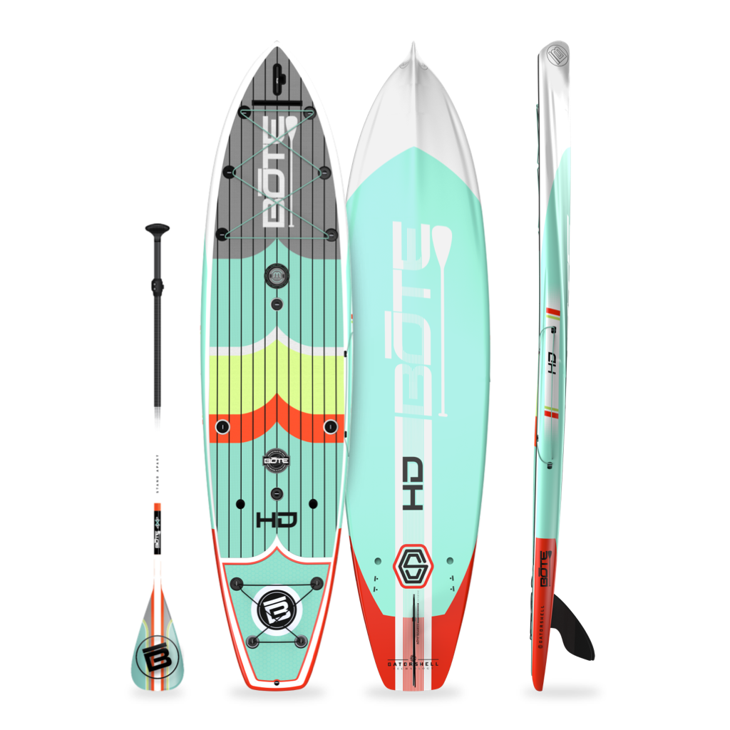Angled product view showing top, bottom, side, and paddle of the HD Gatorshell paddle board in Full Trax Lime.