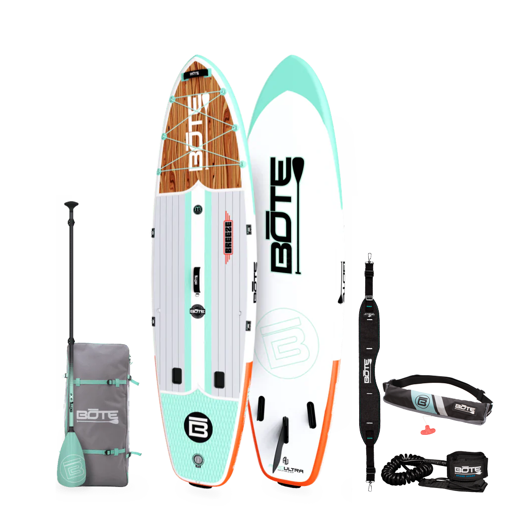 Top and bottom view image of the 10'6" Breeze Aero Classic Mangrove inflatable paddle board package with bag, paddle, PDF belt and leash