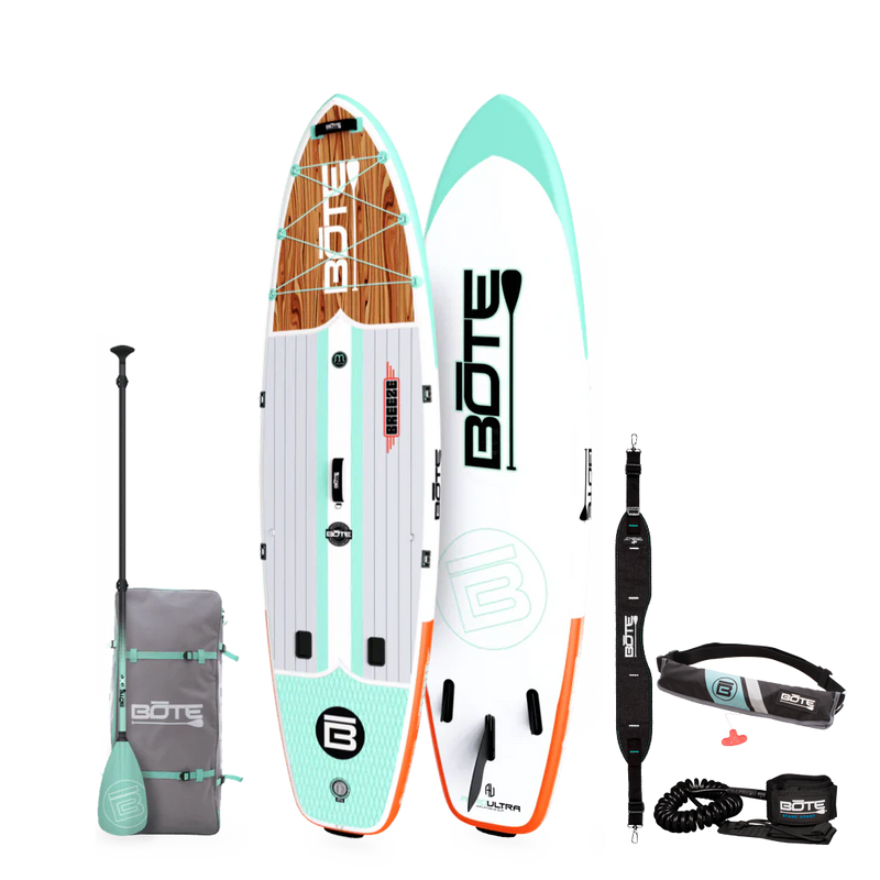 Top and bottom view image of the 10'6" Breeze Aero Classic Mangrove inflatable paddle board package with bag, paddle, PDF belt and leash