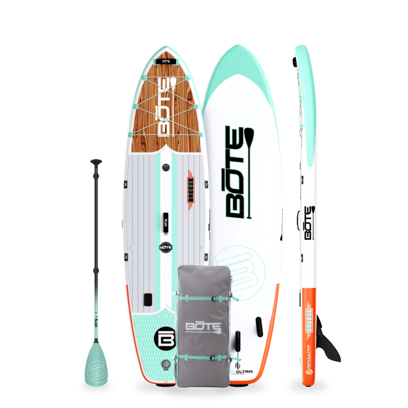 Top, Side, and Bottom image of the 10'6" Breeze Aero Classic Mangrove inflatable paddle board with bag and paddle