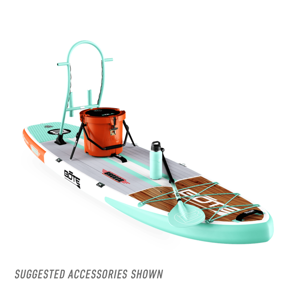 Front view of Breeze Aero Classic Mangrove inflatable paddle board with suggested accessories