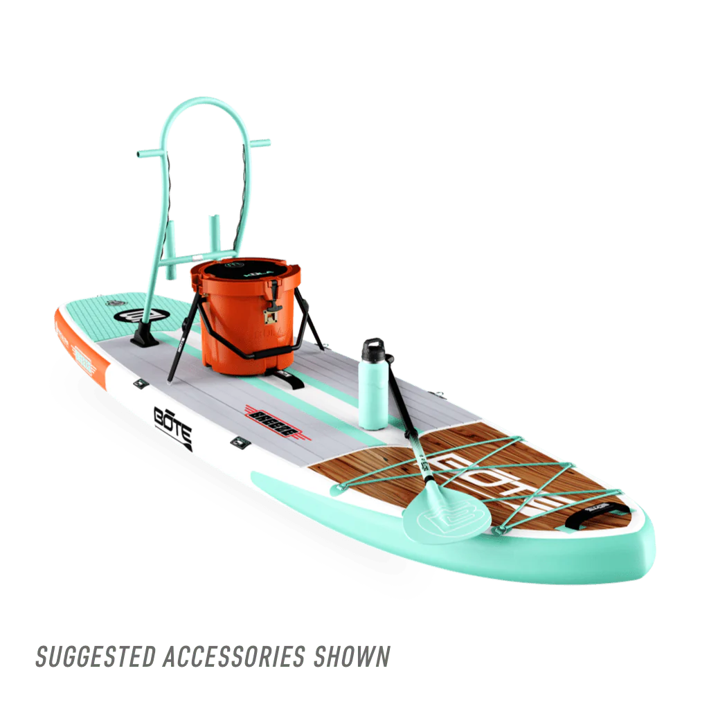Front view of Breeze Aero Classic Mangrove inflatable paddle board with suggested accessories