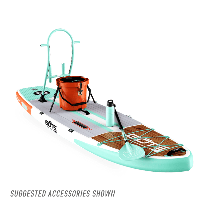 Front view of Breeze Aero Classic Mangrove inflatable paddle board with suggested accessories