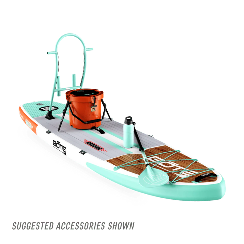 Front view of Breeze Aero Classic Mangrove inflatable paddle board with suggested accessories