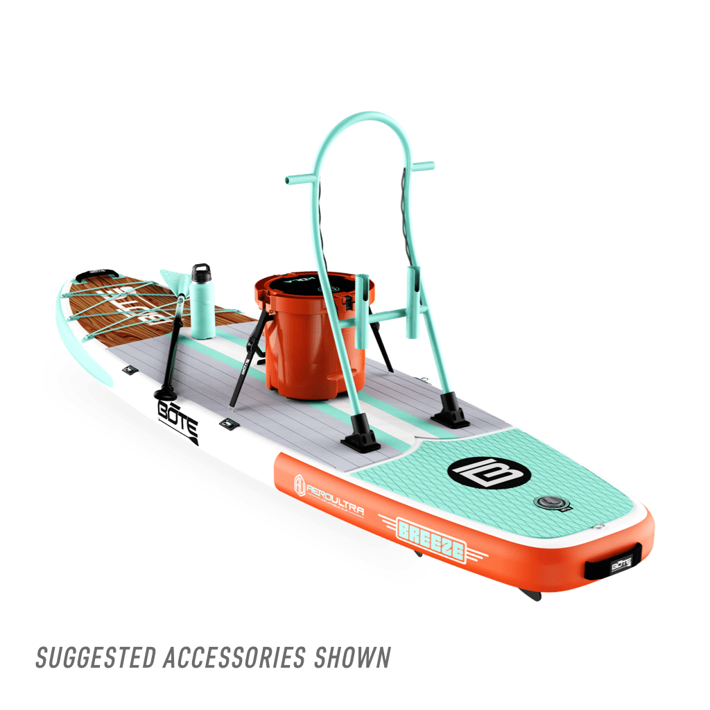 Rear view of Breeze Aero Classic Mangrove inflatable paddle board with suggested accessories