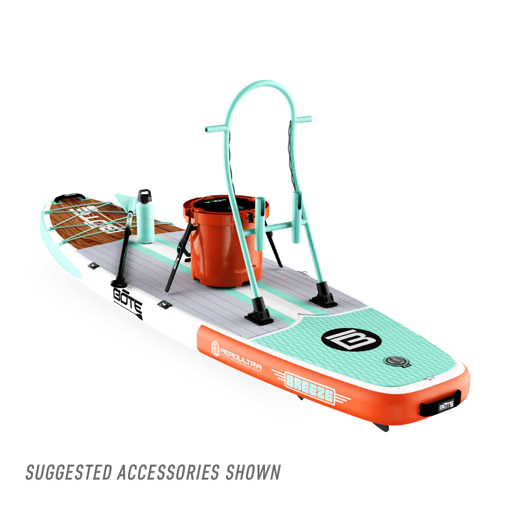 Rear view of Breeze Aero Classic Mangrove inflatable paddle board with suggested accessories