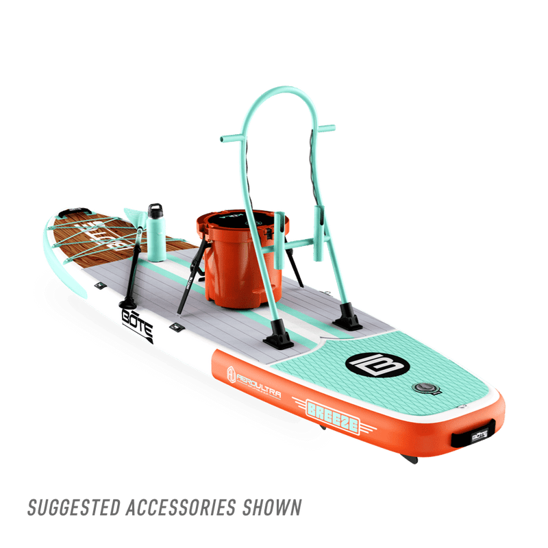 Rear view of Breeze Aero Classic Mangrove inflatable paddle board with suggested accessories