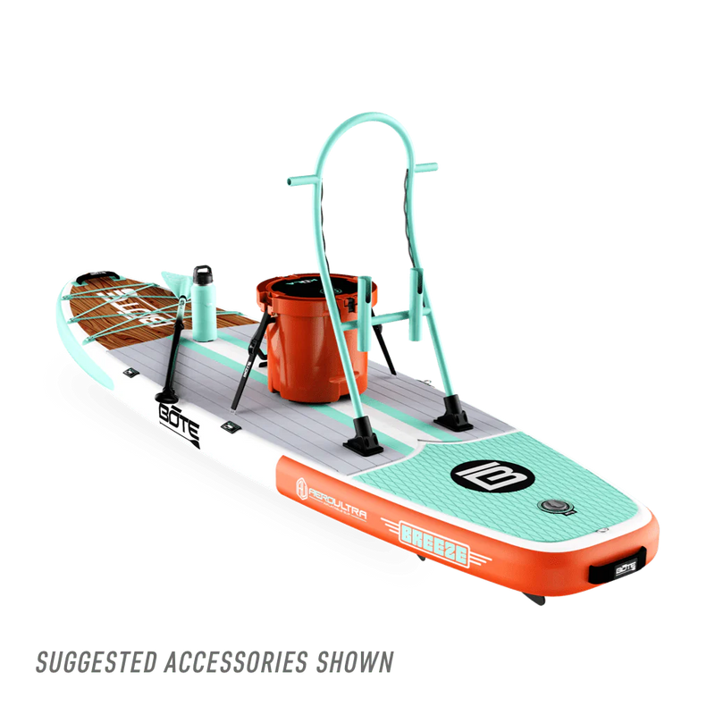 Rear view of Breeze Aero Classic Mangrove inflatable paddle board with suggested accessories