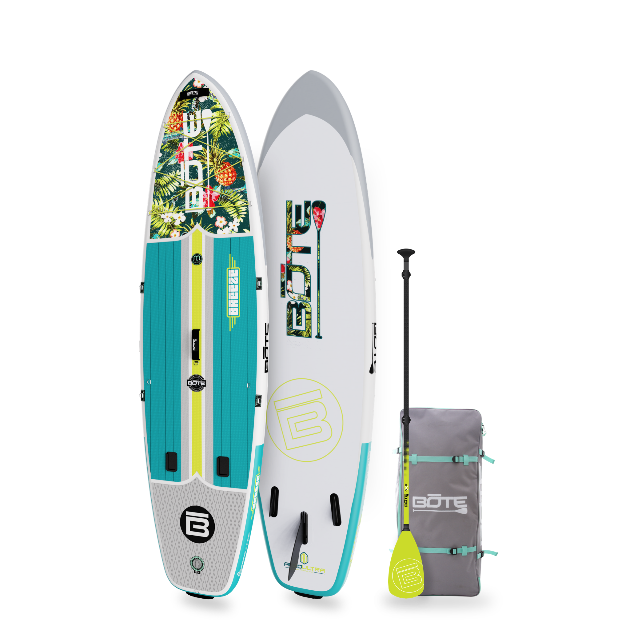 Angled view of the 10'6" Breeze Aero Native Cuda inflatable paddle board with bag and paddle