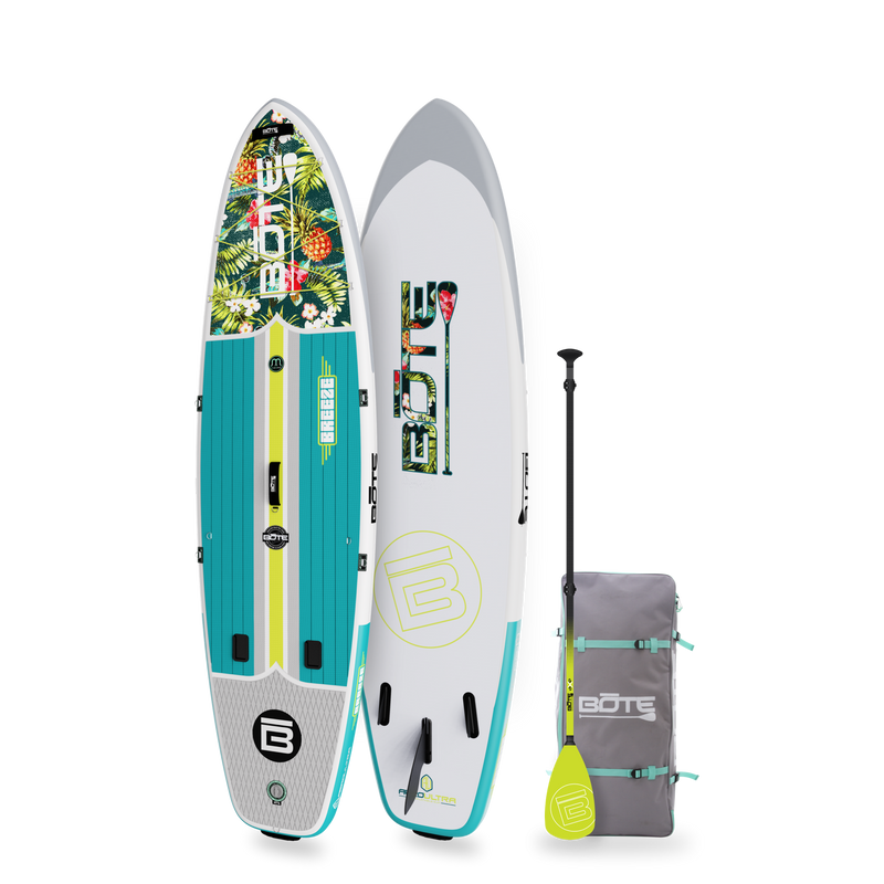 Angled view of the 10'6" Breeze Aero Native Cuda inflatable paddle board with bag and paddle