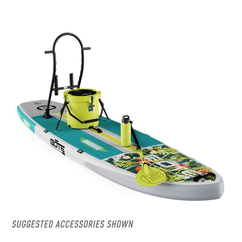 Front view of Breeze Aero Native Cuda inflatable paddle board with suggested accessories