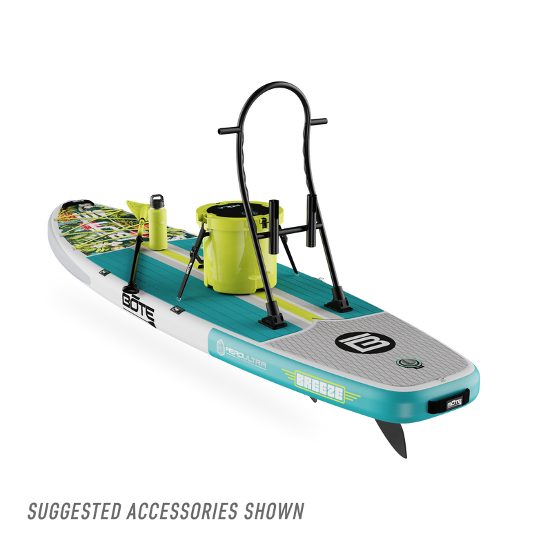 Rear view of Breeze Aero Native Cuda inflatable paddle board with suggested accessories