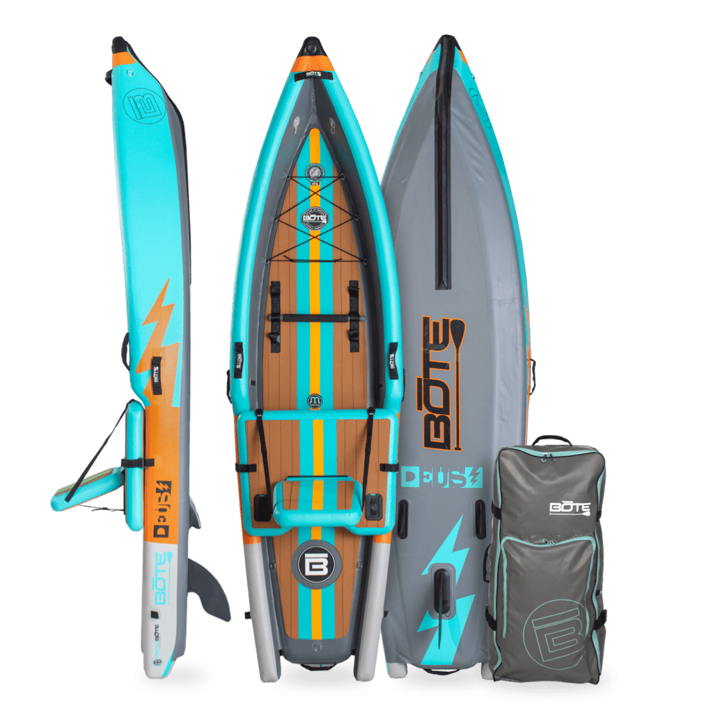 Front, side, back view of the Deus Aero inflatable kayak in Native Aqua with bag