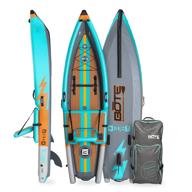 Front, side, back view of the Deus Aero inflatable kayak in Native Aqua with bag