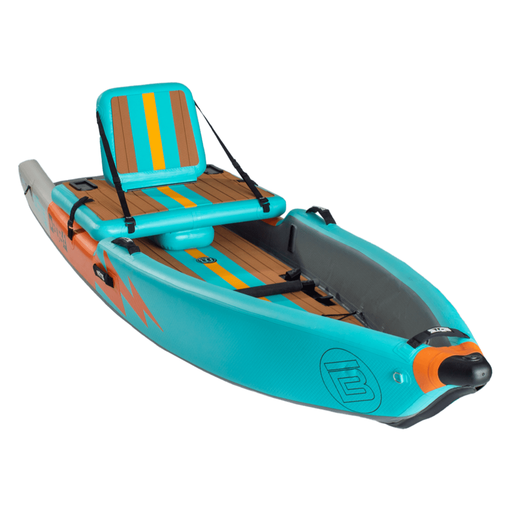 Front angle view of the Deus Aero inflatable kayak in Native Aqua