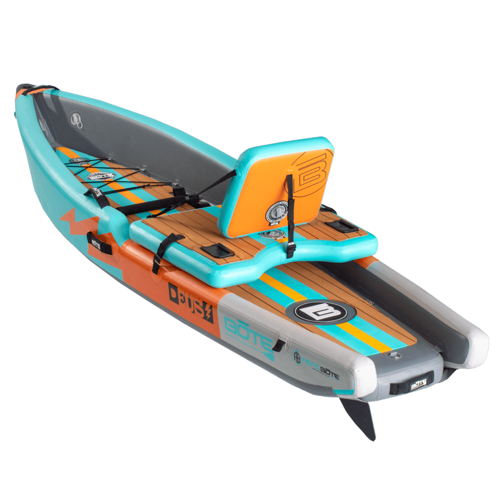 Back angle view of the Deus Aero inflatable kayak in Native Aqua