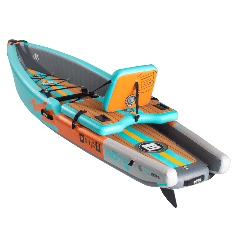 Back angle view of the Deus Aero inflatable kayak in Native Aqua