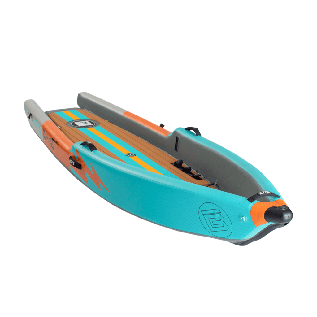 Front angle view of the Deus Aero inflatable kayak in Native Aqua