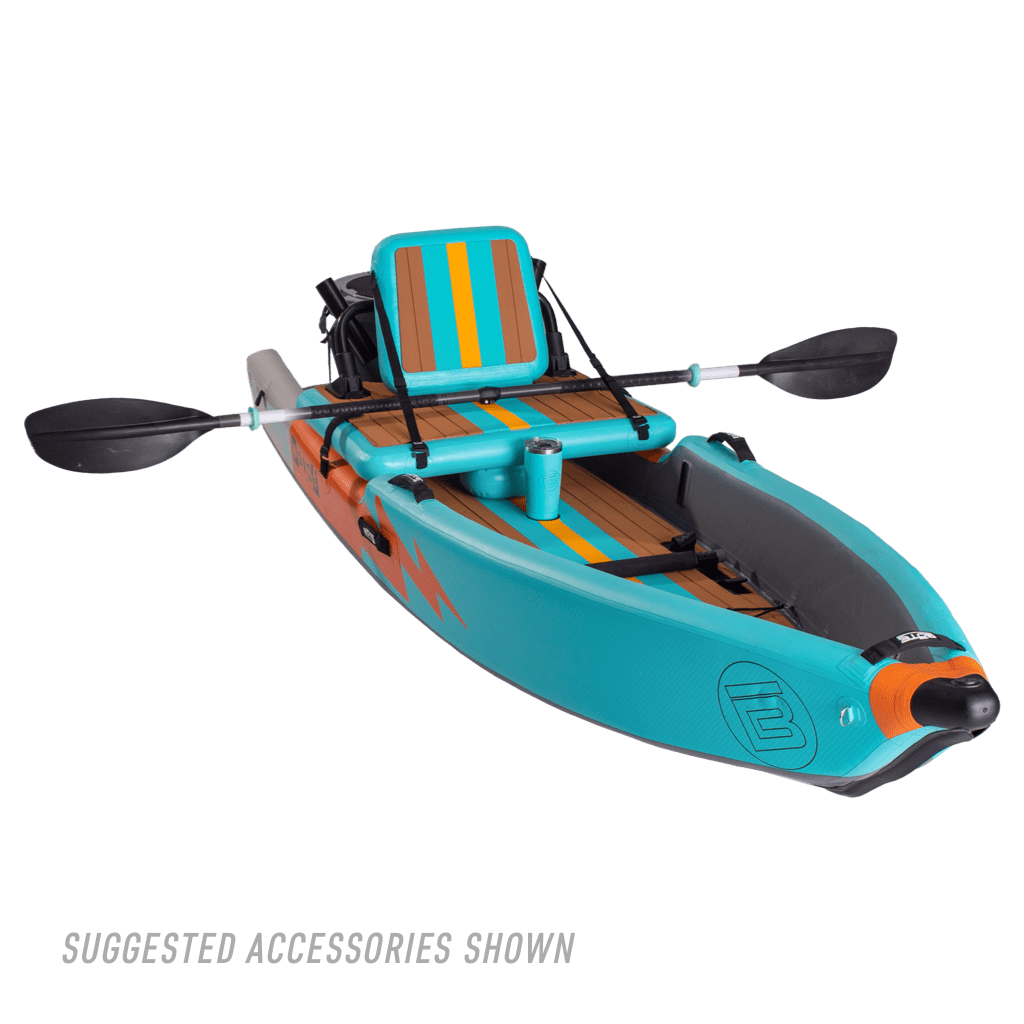 Front angle view of the Deus Aero inflatable kayak in Native Aqua with paddle
