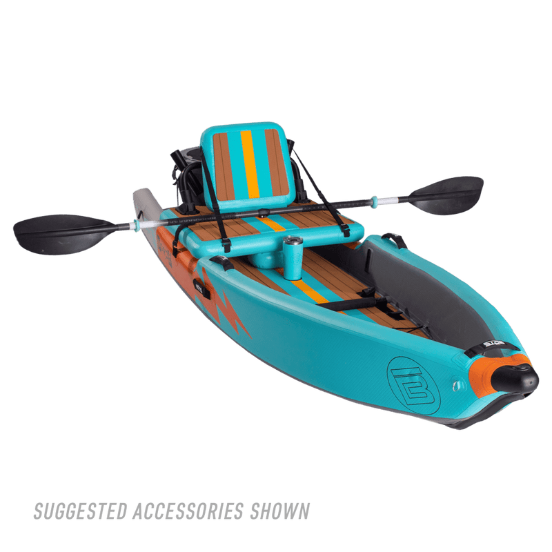 Front angle view of the Deus Aero inflatable kayak in Native Aqua with paddle