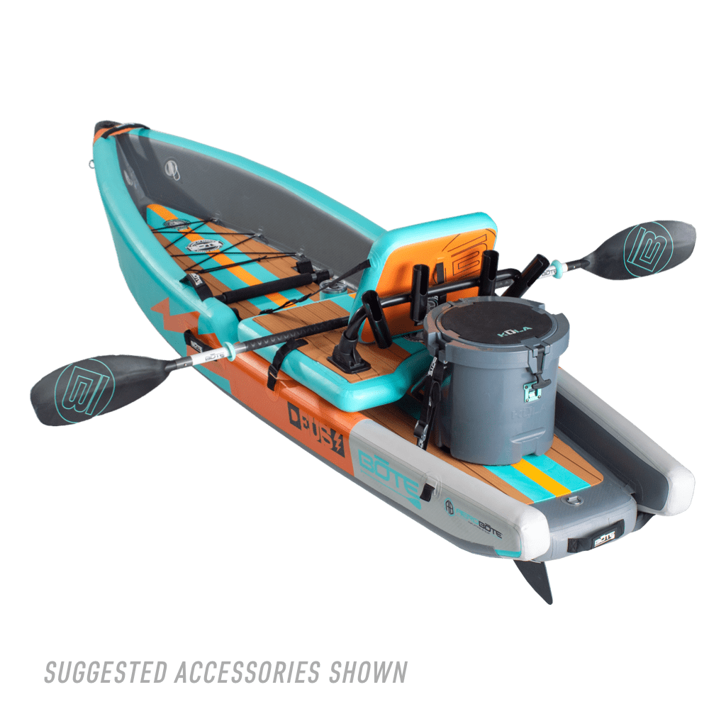 Back angle view of the Deus Aero inflatable kayak in Native Aqua with paddle