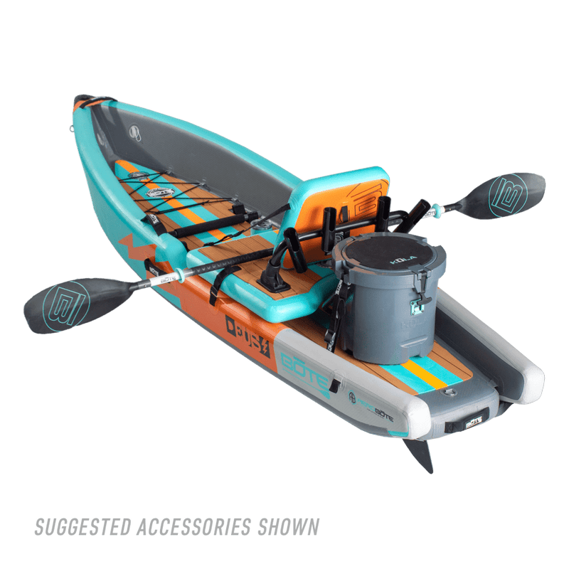 Back angle view of the Deus Aero inflatable kayak in Native Aqua with paddle