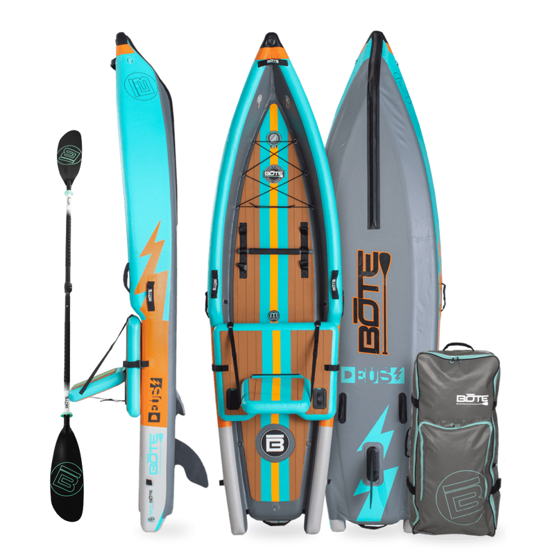 Front, side, back view of the Deus Aero inflatable kayak in Native Aqua with paddle and bag