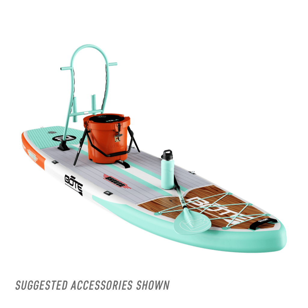Front view of the Breeze Aero 11'6" Classic Mangrove Inflatable Paddle Board with accessories