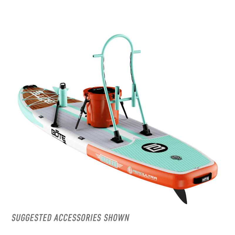 Rear view of the Breeze Aero 11'6" Classic Mangrove Inflatable Paddle Board with accessories