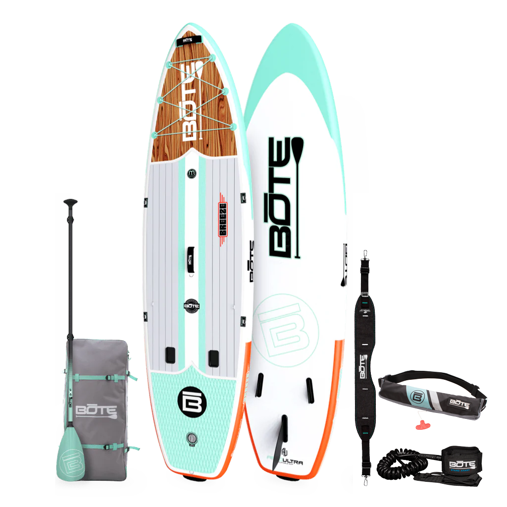 Top and bottom angled view of the Breeze Aero 11'6" Classic Mangrove Inflatable Paddle Board Essentials Package