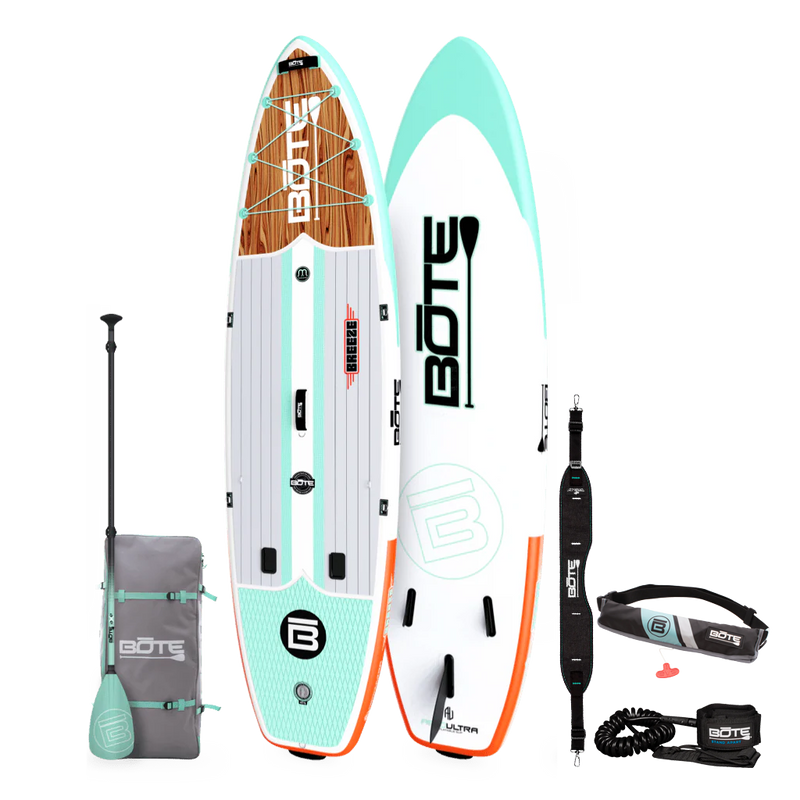 Top and bottom angled view of the Breeze Aero 11'6" Classic Mangrove Inflatable Paddle Board Essentials Package