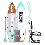 Top, Side, and Bottom image of the 11'6" Breeze Aero Classic Mangrove inflatable paddle board package with bag, paddle, PDF belt and leash