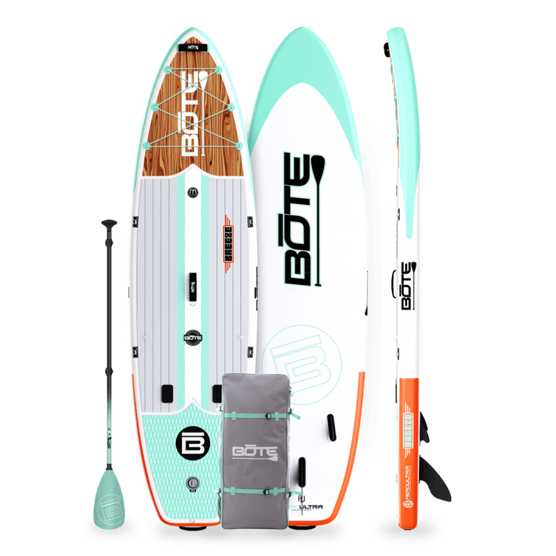 Top, side, bottom view of the Breeze Aero 11'6" Classic Mangrove Inflatable Paddle Board with bag and paddle
